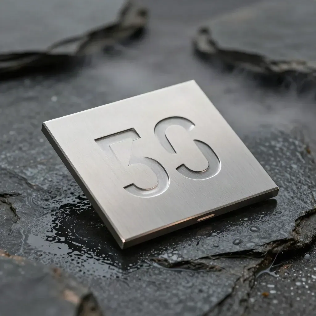 Brushed aluminium local-number tile hovering above wet slate in cool mist.