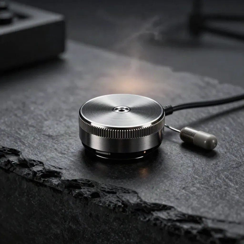 Top-down macro of a brushed-aluminium recording puck with coiled lead and tiny capsule on slate.