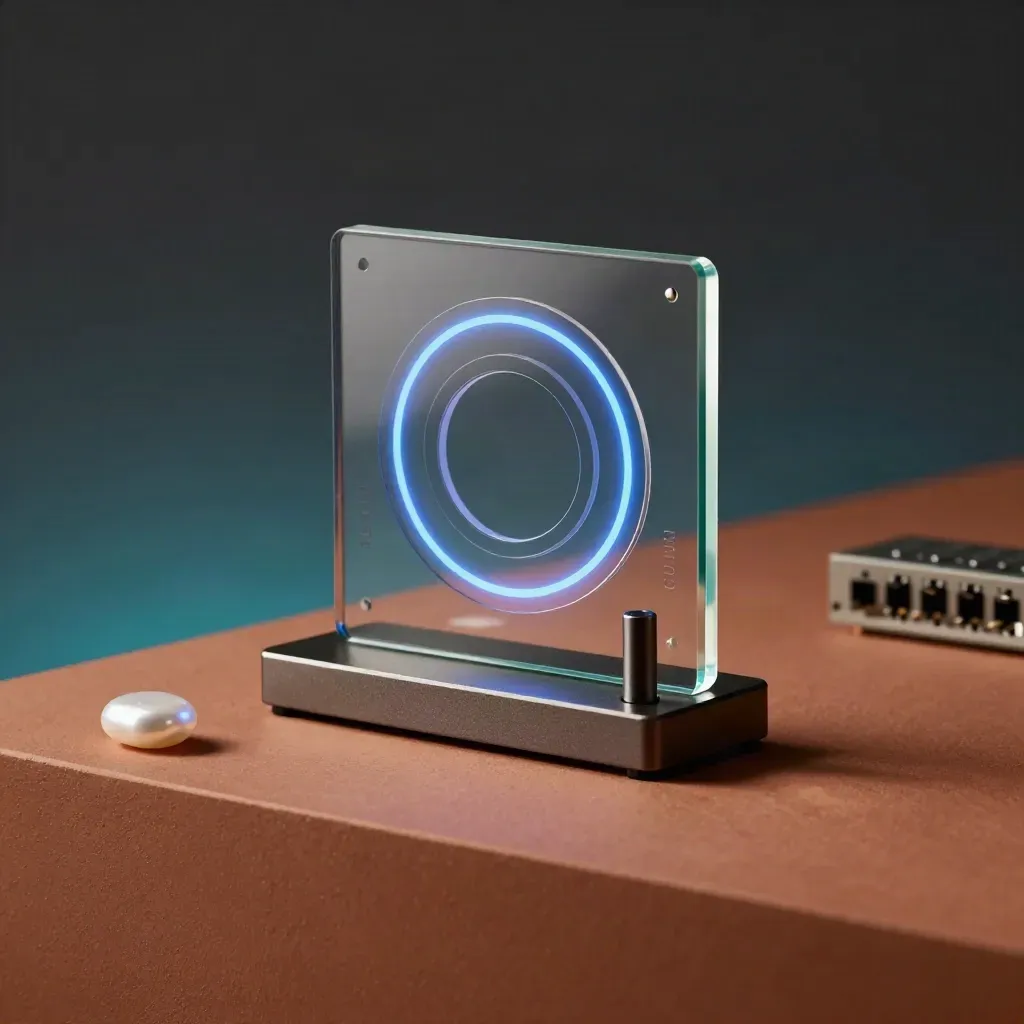 Glass analytics slab glowing blue on a terracotta plinth with soft studio props
