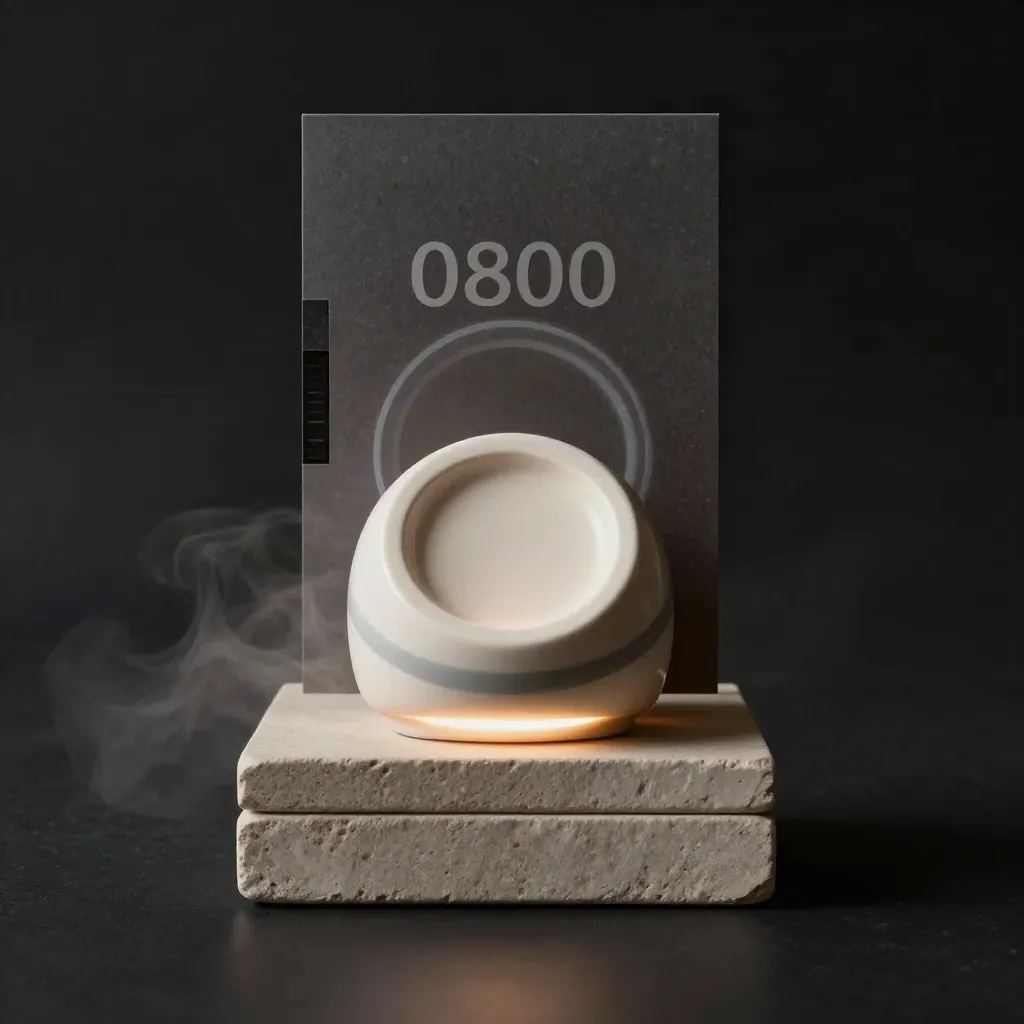 Pale ceramic toll-free number core on stacked blocks in a dark studio, lit with cool rim light.